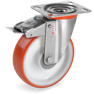 Injection polyurethane wheels, polyamide 6 centre, swivel top plate bracket type NLX with front lock