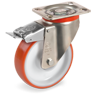 Injection polyurethane wheels, polyamide 6 centre, swivel top plate bracket type NL with front lock