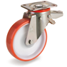 Injection polyurethane wheels, polyamide 6 centre, swivel top plate bracket type P with rear lock