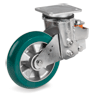Ruedas de poliuretano TR-ROLL con perfil redondo ergonómico, núcleo de aluminio, soporte giratorio con amortiguación a pletina EES MHD