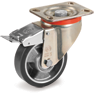 ESD "TR" polyurethane wheels, electrical resistance <10^9 Ohm, swivel top plate bracket P with front brake