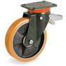 TR polyurethane wheels, cast iron centre, swivel top plate bracket type EP with adjustable brake