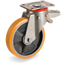 TR polyurethane wheels, cast iron centre, swivel top plate bracket type P with adjustable brake