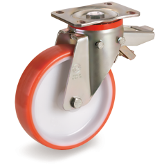 Injection polyurethane wheels, polyamide 6 centre, swivel top plate bracket type P with adjustable brake