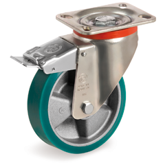 Ruote in poliuretano TR-ROLL, nucleo in alluminio, supporto rotante piastra P con freno 