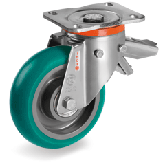 Ruote in poliuretano "TR Roll" con profilo bombato ergonomico, nucleo in poliammide 6, supporto rotante tipo PX con freno