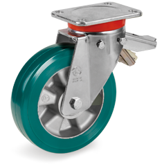 Ruote in poliuretano TR-ROLL, nucleo in alluminio, supporto rotante piastra EP con freno registrabile