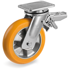 Ruote in poliuretano TR con profilo bombato ergonomico, nucleo in alluminio, supporto rotante elettrosaldato (EE MHD)  con freno