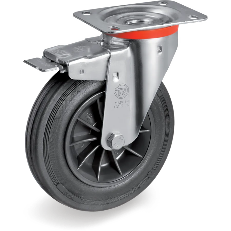 Tellure Rôta 525204 – Rubber swivel castor Ø140×37.5 mm with brake